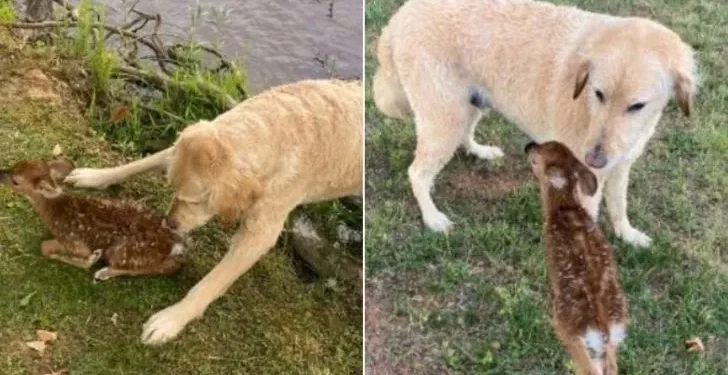 Brave Goldendoodle Rescues Young Fawn from Water and Continues to Look After It.